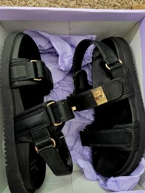 Black Platform Buckle Sandals with Gold Hardware
